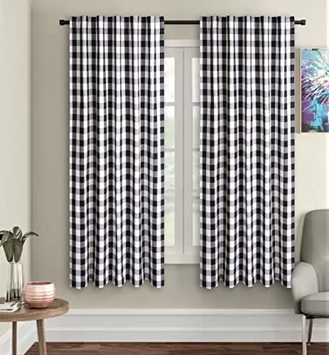Black White Cotton Curtains, Back Tab Farmhouse Cotton Check Curtain 50X72 Inch, Tab Top Bathroom Window Treatment Décor Panel For Kitchen Nursery Livingroom Bed Room Gingham Check Curtains -2 Panels #TOP5