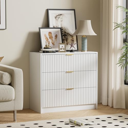 Image of Furniway Fluted Nightstands Set of 2, 31.5 inch Large Bedside Tables with 3 Drawers, Modern Wood Night Stands with Storage for Bedroom, White