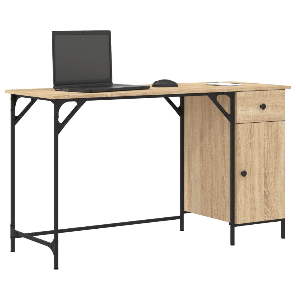 Scrivania per computer in rovere Sonoma, 131 x 48 x 75 cm, in legno con telaio in metallo, ampio spazio di archiviazione, ergonomica, per ufficio, casa e cameretta dei bambini, salvaspazio e