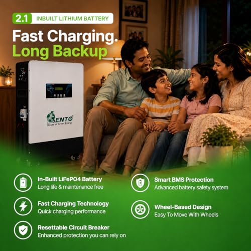 Image of Lento 2.1KVA 25.6V Lithium Battery Inverter UPS | Inbuilt LiFePO4 Battery | Up to 6Hr 15Min Backup @400W | Pure Sine Wave Output | LCD Display | Portable Wheel Base | Fast Charging