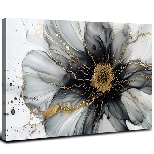 Black and White Abstract Wall Art Flower Wall Decor for Bathroom Living Room, Modern Marble Picture Canvas Prints Painting Minimalist Watercolor Fluid Textured Poster Artwork Home Decorations 12x16”