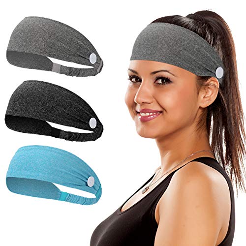 Headband with Buttons for Face Masks, Non Slip Stretchy Ear Protection Sweatband for Men Women Nurses Doctors 3 Packs(Blue, Grey, Dark Grey)