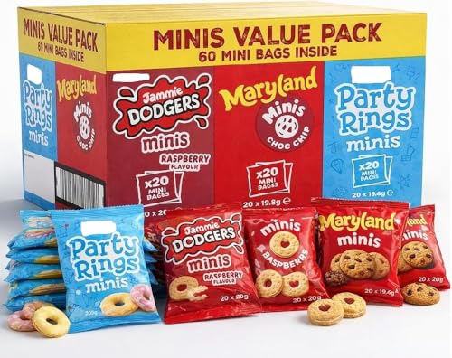 FOX Mini Biscuit Variety Pack 60 Count Jammie Dodgers Maryland Cookies & Party Rings Minis Individually Wrapped Biscuit Snack Packs for Lunchboxes Parties & Sharing