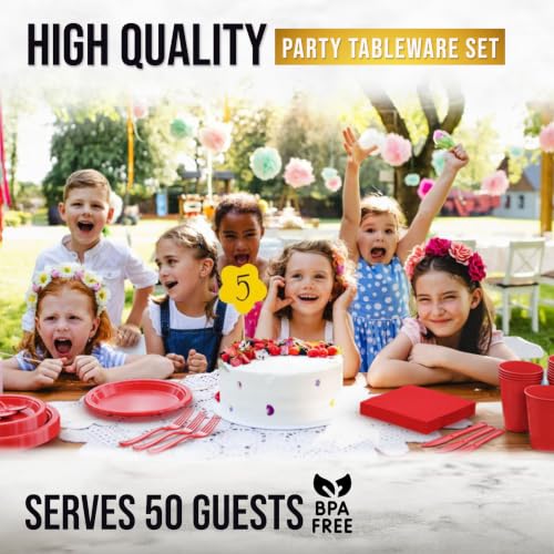 Image of Exquisite 350 Pcs Red Plates and Napkins Party Supplies Plate Sets | Sturdy Plastic Dinnerware Set With 9 inch & 7 inch Plates, 12 Oz Cups, Lunch Napkins and Cutlery Serves 50 for Birthdays & Everyday