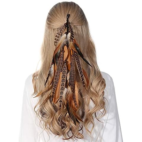 Molans Hippie Feather Hair Extension Hair Clip Bohemian Feather Headband Hair Ties for Women Festival Headdress Feather Headwear (Brown + pheasant feather) Cover