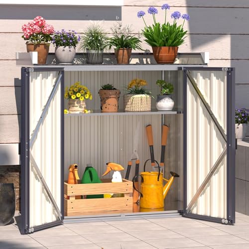 YODOLLA Pflanztisch mit verstellbaren Regalen 97x34x93cm wetterfester Gartenschrank für den Außenbereich Metall Gartenaufbewahrung mit Arbeitsplatte Grau