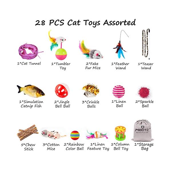 Mibote 28pcs kitten toys assorted, cat tunnel catnip fish feather teaser wand fluffy mouse mice balls and bells toys for cat puppy kitty - image 7