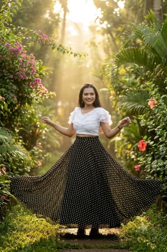 Image of Women's Lycra Top with Georgette Skirt | Polka Dot Print Long Flared Maxi | Full Length Flowy Skirt for Women | Stylish Casual Wear