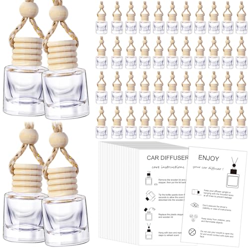 Image of DaisyInner 300 Sets Car Diffuser Bottles Empty Bulk Hanging Car Air Freshener Diffuser Bottles Glass Perfume Holder with Instruction Cards for Essential Oil Wedding Bridal Birthday Gifts (Cylindrical)