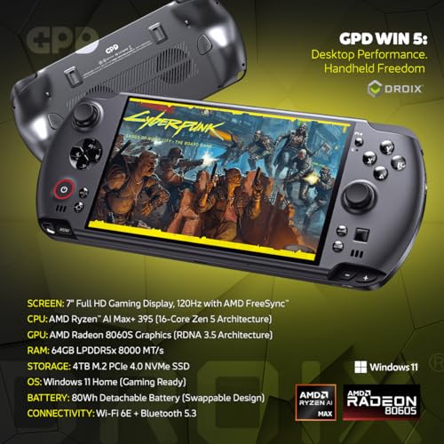 Image of GPD Win 5 Handheld Gaming PC | AMD Ryzen AI Max+ Ryzen 395 | 64GB LPDDR5X RAM, 4TB SSD | Radeon 8060S Graphics | Portable PC for AAA Gaming and Emulation