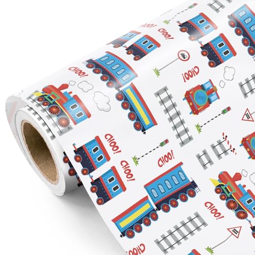 WRAPAHOLIC Train Wrapping Paper Roll - Mini Roll - 17 Inch x 16.5 Feet - Vintage Trains Tracks Wrapping Paper Perfect for Kids Boys Birthday Baby Shower