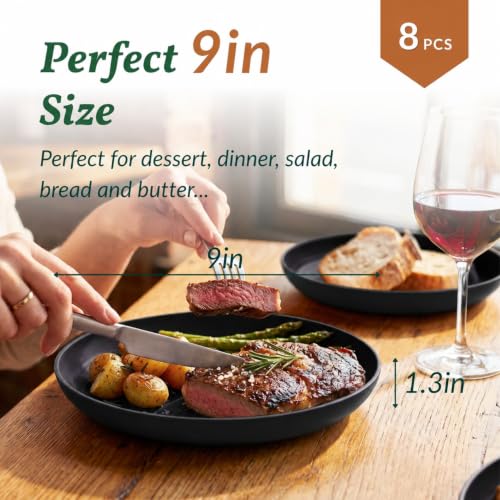 Image of Homienly Wheat Straw Plates Sets 8 PCS Unbreakable Plastic Plates for Party, Camping, Picnic, Stackable Deep Dinner Plates Set Microwave & Dishwasher Safe Kitchen Plates for Dessert (Black, 9 inch)