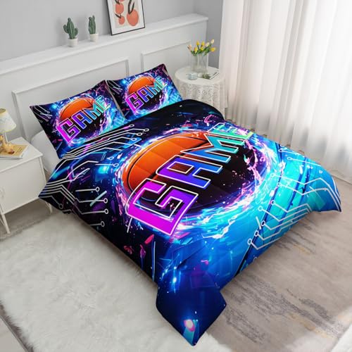 Image of Basketball Comforter Set 3D Sports Theme Printed Bedding Set with 1 Comforter and 2 Pillowcases for Boys and Girls Bedroom All Season(Basketball-2 Full)