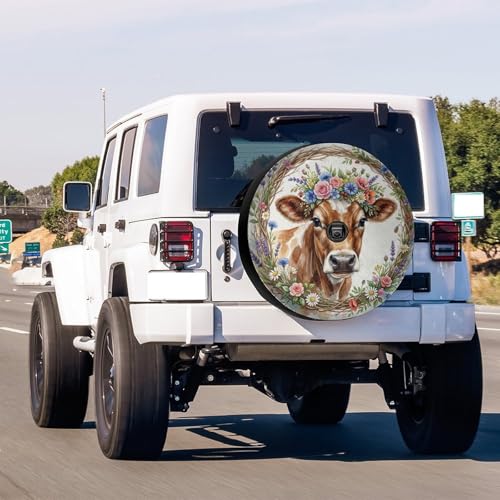 Image of Delerain Spare Tire Cover with Backup Camera Hole Cow Portrait with Flowers Wheel Covers Waterproof Dust-Proof UV Sun Universal Fit for Jeep Trailer RV SUV Truck (17 Inch for Diameter 31 inch-33 inch)