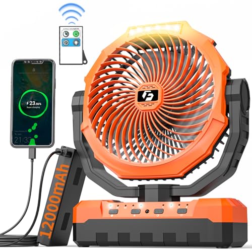 Ventilador de camping de 12000 mAh, ventilador desmontable recargable de 9 pulgadas con luz y gancho para tienda de campaña, al aire libre, ventilador de mesa USB con 4 velocidades para picnic,