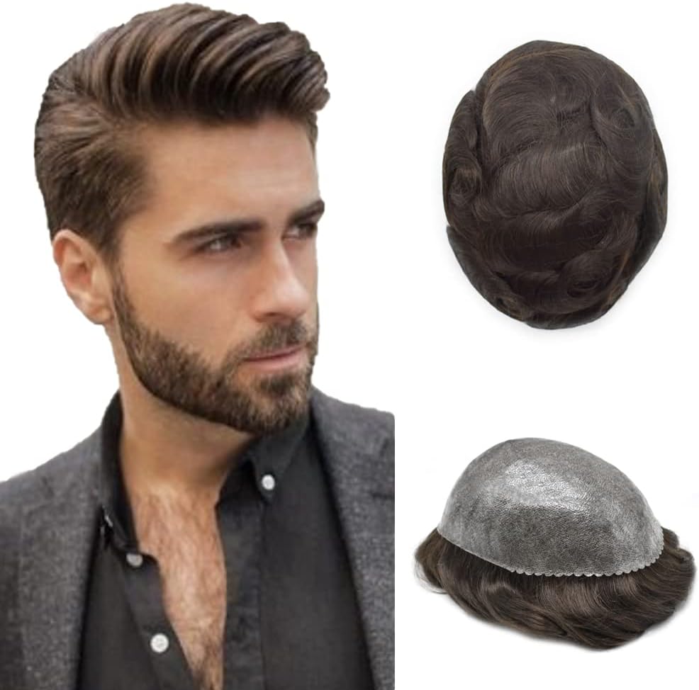 Toupee For Men Hair Piece European Human Hair Mens Toupee 0.12mm Injected Poly Hair Replacement System Gray Hair Pieces For Men US Stock. (8x10''-120% Medium Light to Medium Density, DARK BROWN 3#)