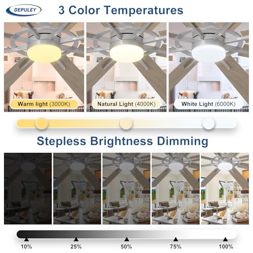 Image of Depuley 66-Inch Ceiling Fan with Light: Modern 8-Blade Silver and Wood Grain Indoor Outdoor Fans with Remote App Control Dimmable Light - Ultra Quiet DC Motor Reversible 6 Speed Timer