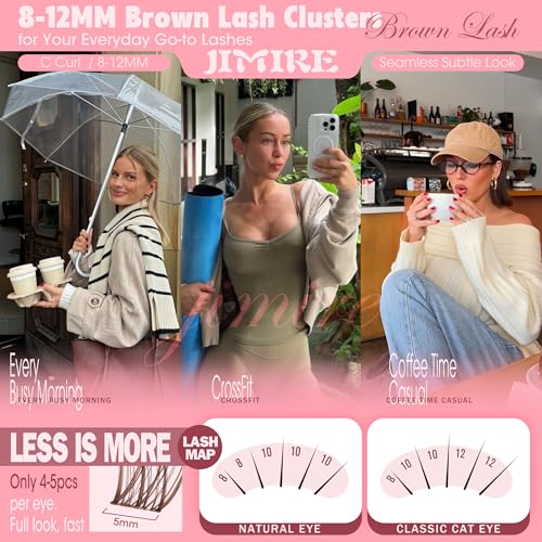 Image of Brown Lash Clusters 8-12MM Short Lashes Clusters Wispy Individual Lashes with Clear Band C-Curly Cluster Eyelash Extensions 120Pcs DIY Lash Extensions at Home by JIMIRE