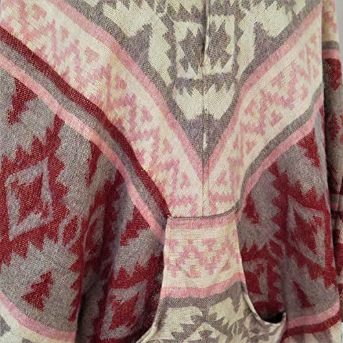 Poncho 2 Button Tassels Hood + Pocket Desert Design Yak +Sheep Wool Blend 1 Size Sand + Red + Gray + Pink4