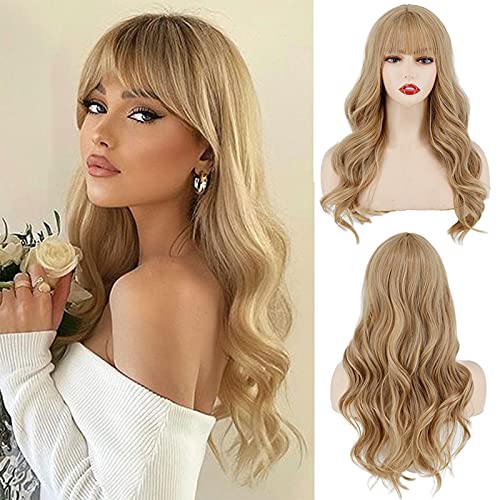 MERISIHAIR Long Wavy Blonde Wigs with Bangs,Long Blond Wig for Women,Natural Looking Soft Blond Synthetic Wigs For Daily Use(24inch)