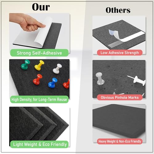 Image of GLUN 6 Piece Black Felt Bulletin Board 30x30 cm, Self Adhesive Notice Board Tiles for Wall | 100 Push Pins + 400 Sheets Sticky Notes | Pin Board for Home, Office, School & Study Room