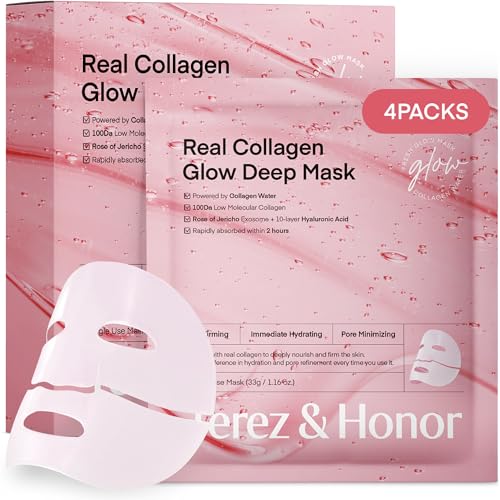 Mascarilla facial coreana de colágeno: 4 x 33g Korean Real Deep Bio collagen mask - Brillo tipo vidrio, reducción de poros, hidratación profunda, antiarrugas, elasticidad y firmeza, sin fragancia