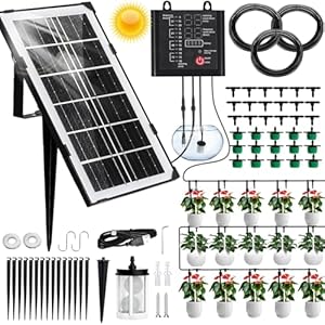 Solar Automatic Watering System Indoor Outdoor, 50Ft Plant Waterer for 12 Potted Plants, Automatic Drip Irrigation Kit with Watering Timer(12 Mode), Anti-Siphon, Solar Power & USB Rechargeable