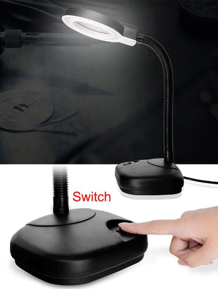 Lupa 5X 80mm, Lupa Manos Libres con Soporte Luminoso, Regulable En Altura, Lupa Iluminada De Sobremesa para Lectura, Manualidades, Banco De Trabajo