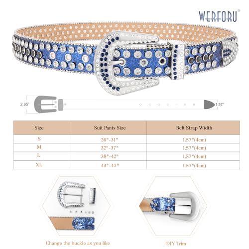 Image of WERFORU Women Men Western Rhinestone Studded Leather Belt Unisex Bling Cowgirl Cowboy Waist Belt for Jeans Pants Dress