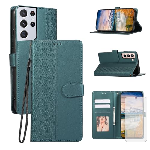 Image of Asuwish Phone Case for Samsung Galaxy S21 5G 6.2 inch Wallet Cover with Tempered Glass Screen Protector and Wrist Strap Flip Credit Card Holder Slot Stand Folio Purse Cell S 21 21S G5 Women Men Green