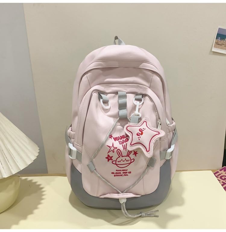 Kawaii Y2K Backpack for Girls Boys Teen Middle School Daypack for Travel Casual Bookbag with Cute Pendant (Pink)3