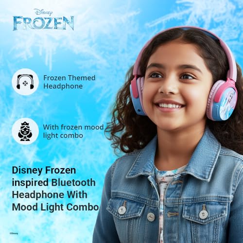 Image of Disney Frozen Kids Bluetooth Headphones with Elsa Character Mood Light Gift Set | Soft Padded Foldable Swivel Cups | Kids Safe 85dB Vol Limit | Aux Input | 22H Playtime | Perfect for Girls, Ages 5-16