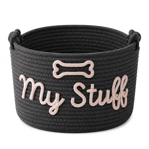 WANSHUNLMI Grey Black Pet Storage Basket with Rope Handles, Woven Dog Toy Bin, Cotton Rope Organizer, My Stuff Design with Bone, Beige Yarn (Grey Black) by WANSHUNLMI - Used condition - US$20.85