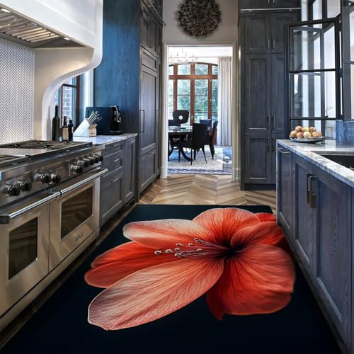 Grandes fleurs rouges tapis noir lavable et résistant - 5