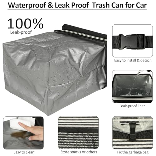 Image of ELONGRIVER Car Trash Can for Car with Lid, Car Organizer Can Trash Bag Hanging Leak Proof Vehicle Trash Can (Stripe Print, 2 Gallons)