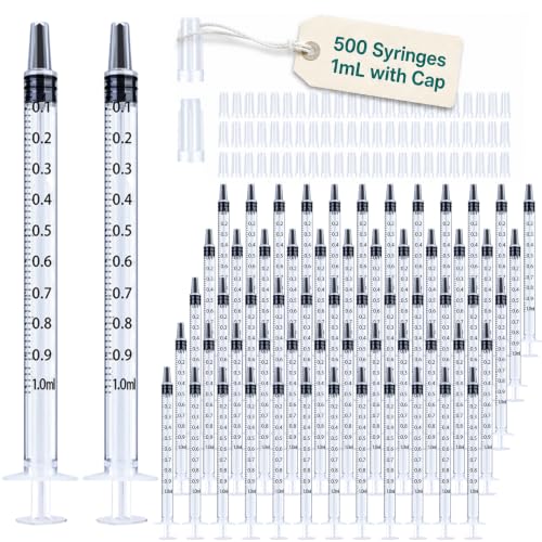 Image of 500 Pack 1ml Syringe with Cap for Liquid, 1cc Plastic Small Syringes without Needle with Cover, Non-Sterile, No Needle