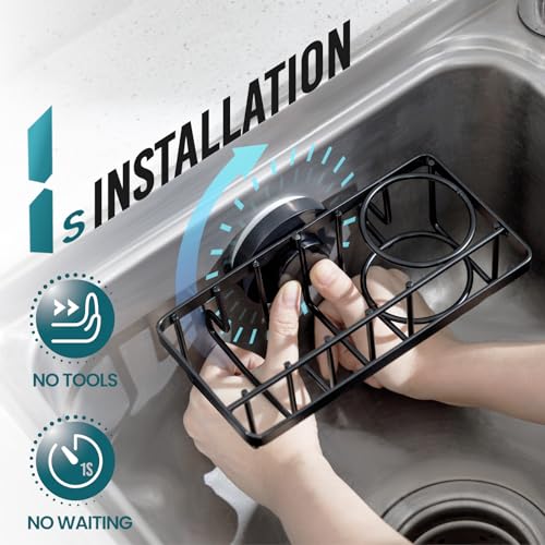 Image of TAILI 4-in-1 Sponge Holder for Kitchen Sink with Strong Suction Cup Removable, Rustproof Aluminum Sink Caddy for Sponge, Brush, Scrubber, Scraper -Black