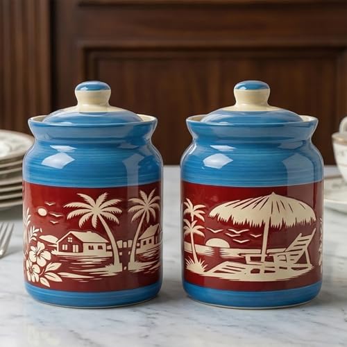 Image of Ceramic Handmade Pickle Jars in 1000ml (set of 2) | Handpainted Floral Bale 1 kg Achaar Martban | Ceramic Jadi for Kitchen Storage (Set of 2) | Jars for Achar, Spices, Salt (HandPainted Scenery Jars)