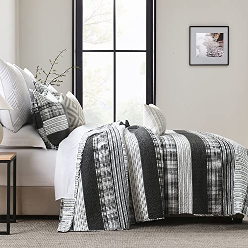 Image of Homzard Quilts Queen Size - Black and White Queen Comforter Set, 100% Cotton Black Grey Striped Bedding Set, Lightweight Reversible Bedspread Set, 3 Piece All Season