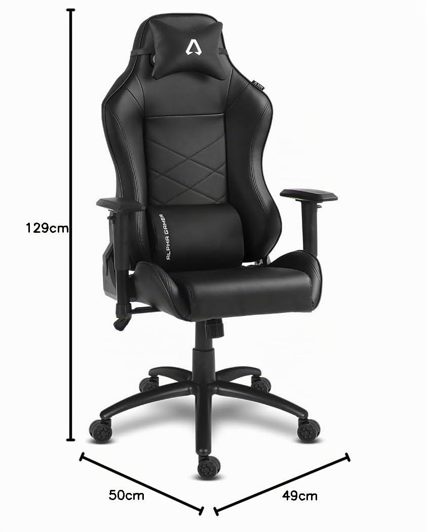 Alpha Gamer Atena - Silla Gaming de Cuero PU, Ergonómica, Reposabrazos Ajustables, Cojín Cervical y Lumbar, Base de Metal, 150KG - Negro