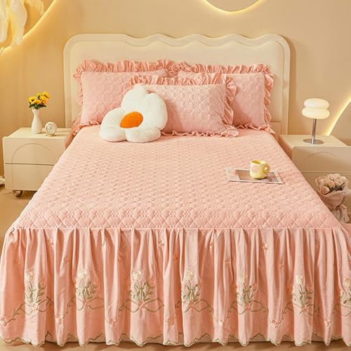 Fzigenle ベッドスカート 2点枕カバー 上品 フランネル カラーb08 キルティング 中綿 厚め ベッドカバー 秋冬 暖かい レース フリル 姫系 柔らか ダブル マットレスカバー 中綿ベッドスカート 静電気防止 洗える きれいめ 180*220