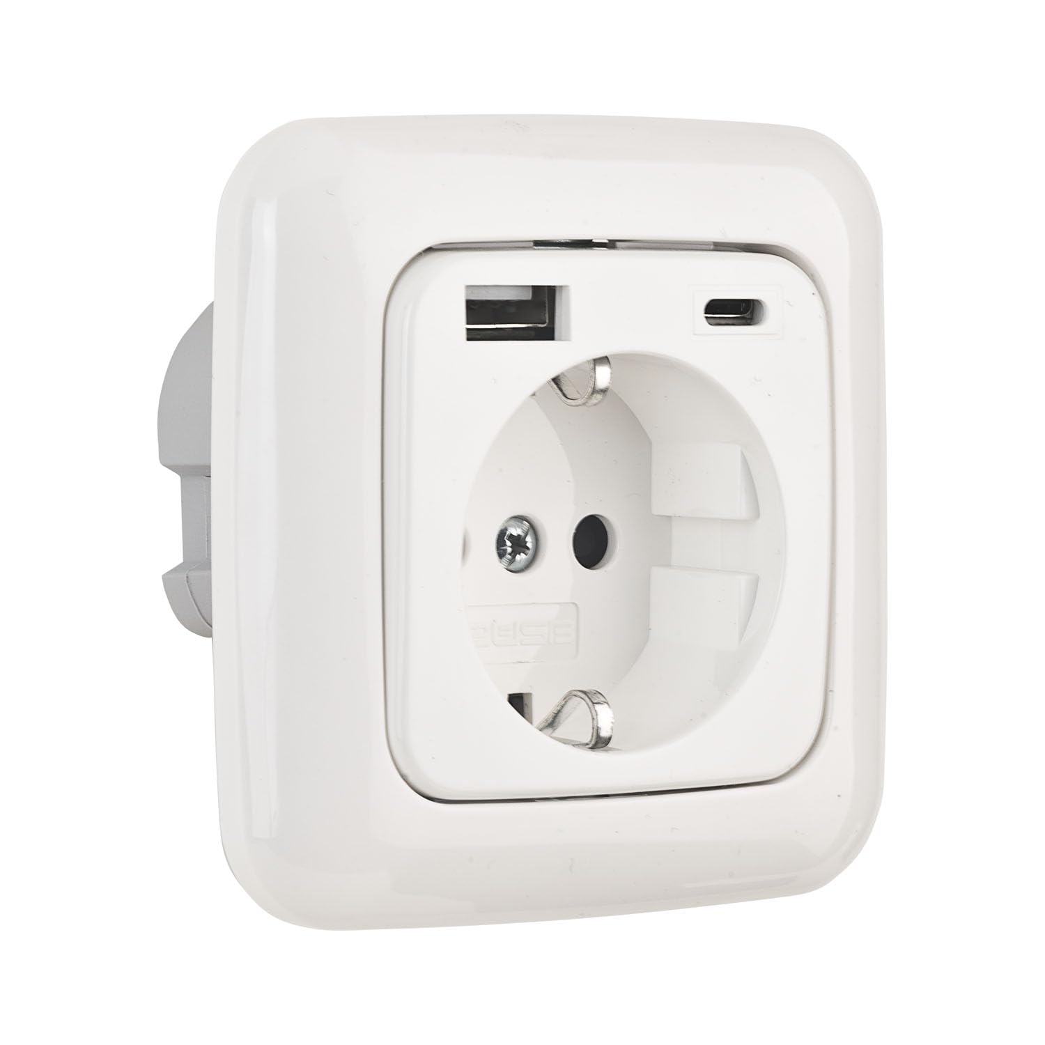 USB-Steckdose chargeMax unter Putz USB-A + USB-C mit Rahmen Ausführung 2USB, Tiefe nur 32mm, Set mit Abdeckung Busch Jaeger Reflex Si alpinweiß glänzend