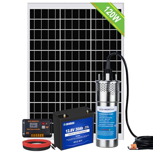DCHOUSE Juego de bombas solares para pozos con batería de respaldo, bomba de agua de acero inoxidable de 12V + kit de panel solar de 120W + batería de 30Ah + controlador de 20 A para pozo, para riego