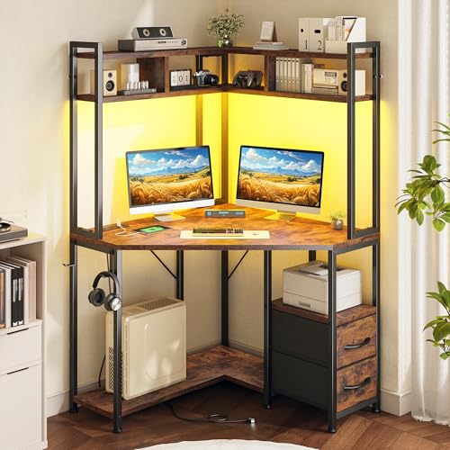 Image of DurayLoly 63 inch Triangular Corner Desk with Hutch,Ample Storage for Small Room,Spacious 36 inch W Desktop,2 Fabric Drawers and Bottom Wooden Shelves,Versatile Computer Desk that Meets All Your Needs,Brown