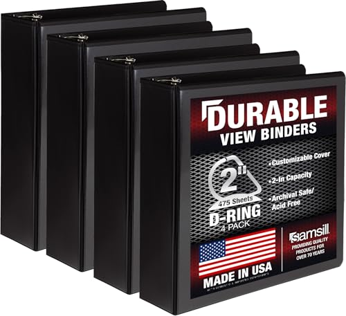 Image of Samsill Durable 2 inch 3 Ring Binder, D Ring Binder, 100% Recycled Chipboard, Black, 4 Pack