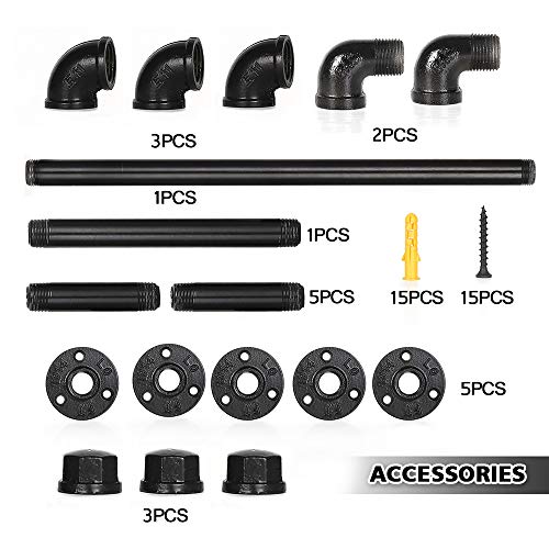 Liantral Bathroom Hardware Set, 4-Piece Wall Mounted Industrial Pipe Bathroom Accessory Kit- 18" Towel Bar Rack, Toilet Paper Holder, 2 Robe Hooks, Black #TOP6