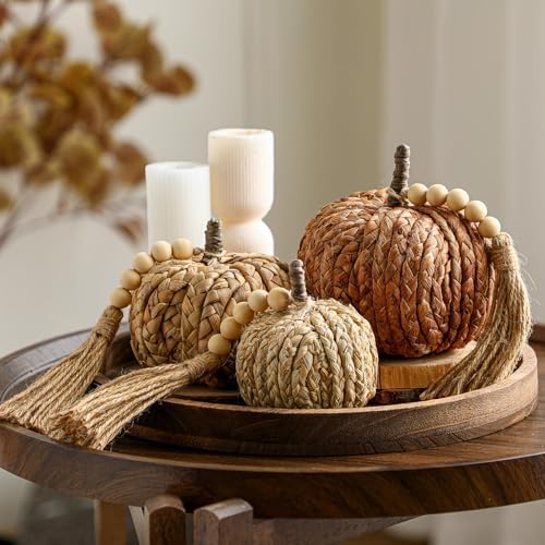 Wesiti 3 Pcs Rattan Pumpkin Decor with Tassel Beads Neutral Fall ...