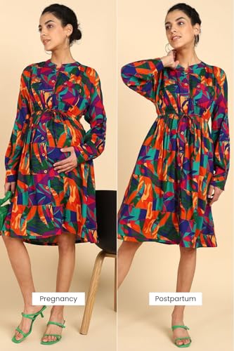 Image of ZELENA Maternity Zipless Feeding Dress for Women | 100% Viscose Rayon Pregnancy & Postpartum Tropical Leaf Printed Dress | Nursing Dress for Breastfeeding for Mothers with Pocket