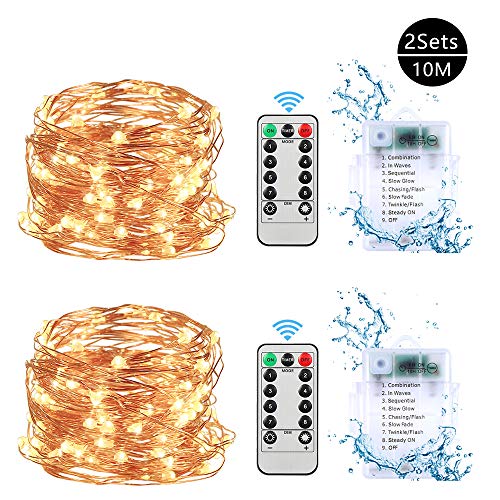 Preisvergleich Produktbild LED Lichterkette Batteriebetrieben, 10m 100 LED Sternen mit Fernbedienung, Außenbetrieb Wasserdicht Weihnachtsbeleuchtung für Zuhause Garten, Terrasse, Hochzeiten und Partys (Warmweiß, 2-er-Pack)