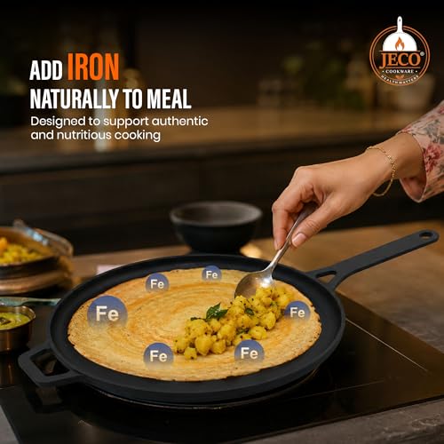 Image of Cast Iron Dosa Tawa with Long Handle | Pre-Seasoned Non-Stick Iron Tawa for Dosa /Chilla /Roti | Heavy Duty Non-Toxic Cookware | Gas Stove & Induction Compatible | Black, 30cm, 2kg